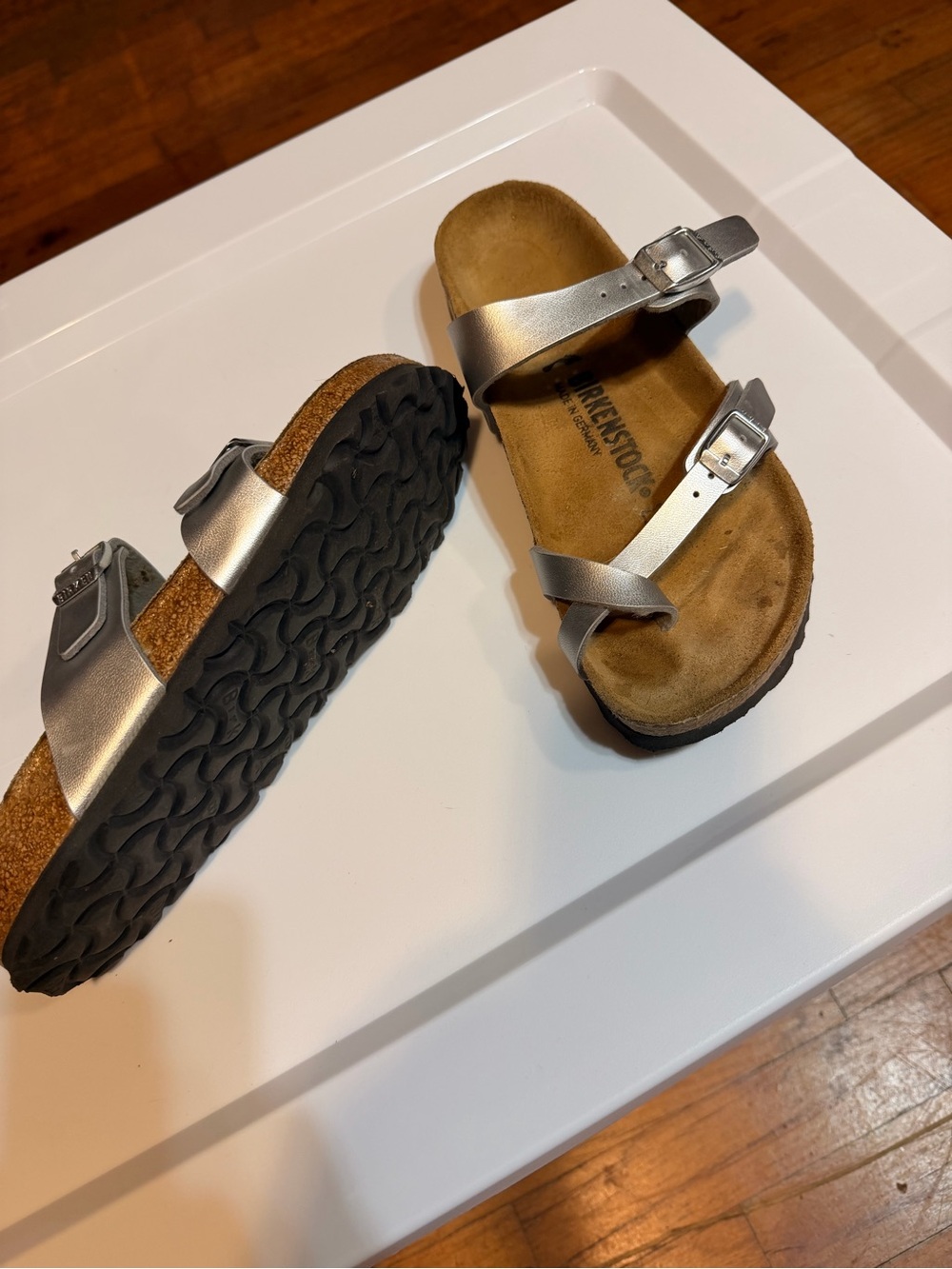Birkenstock Silver Metallic Narrow Two-Strap Slide Sandals 7-7/2